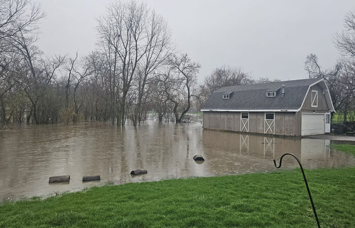 A backyard is flooded Butterfield Creek and Idlewild Golf Course at 8 a.m. Saturday. (Anne Dugravot/provided)