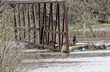 Butterfield Creek overflows the pedestrian bridge at the south end of Dartmouth Road in Flossmoor at 2:30 p.m. Saturday. (Theresa Duckett/provided)