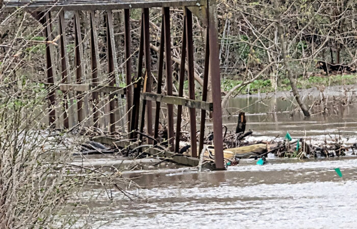 Butterfield Creek overflows the pedestrian bridge at the south end of Dartmouth Road in Flossmoor at 2:30 p.m. Saturday. (Theresa Duckett/provided)