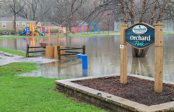 Orchard Park on Olive Road in Homewood always collects water after rains, but the pond was larger than usual at about 8:30 a.m. Saturday. (Eric Crump/H-F Chronicle)