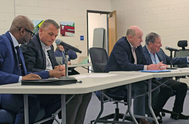Members of the BWP superintendent search team, from left, Johnnie Thomas, Glenn Schlichting, Steven Griesbach and Mark Friedman brief the District 161 board on plans to attract candidates for the position. (Eric Crump/H-F Chronicle)