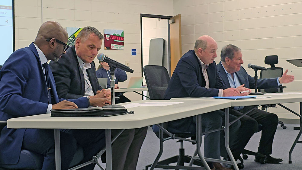 Members of the BWP superintendent search team, from left, Johnnie Thomas, Glenn Schlichting, Steven Griesbach and Mark Friedman brief the District 161 board on plans to attract candidates for the position. (Eric Crump/H-F Chronicle)