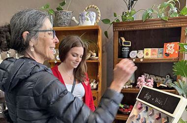 Pamela Abbott of Homewood, left, plays a game with Jackie Bassett of DIP at Gaia's in Homewood. DIP representatives were at the store April 10 promoting their hair care products. (Marilyn Thomas/H-F Chronicle)
