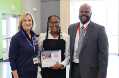 From left, Edie Dobrez, executive director of the Homewood Science Center; Janell Robertson, winner of the Aesha Jackson STEAM Leader Award recipient; and Evan Roberts, science department lead at Homewood-Flossmoor High School. (Nuha Abdessalam/H-F Chronicle)