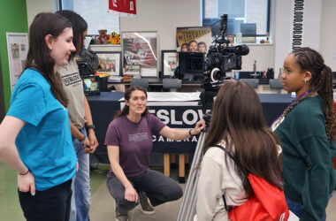 Students listen as a presenter explains camera equipment during a hands-on session at the Girls STEAM Celebration on April 11 at H-F High. (Nuha Abdessalam/H-F Chronicle)