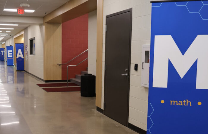 Banners spelling STEAM line the hallway inside Homewood-Flossmoor High School’s Net Zero Science Building during the Girls STEAM celebration on April 11. (Nuha Abdessalam/H-F Chronicle)
