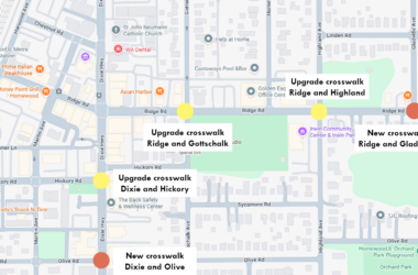 A map of Phase 2 crosswalk improvements at five intersections in in Homewood: Dixie and Olive, Dixie and Hickory, Ridge and Gottschalk, Ridge and Highland and Ridge and Gladville. (Google map with location overlay added)
