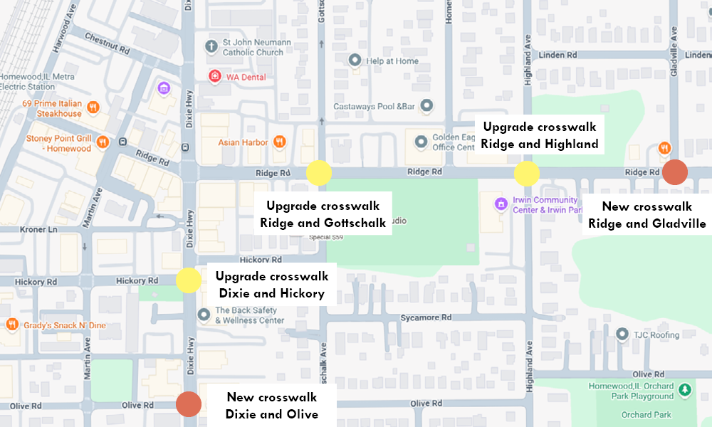 A map of Phase 2 crosswalk improvements at five intersections in in Homewood: Dixie and Olive, Dixie and Hickory, Ridge and Gottschalk, Ridge and Highland and Ridge and Gladville. (Google map with location overlay added)