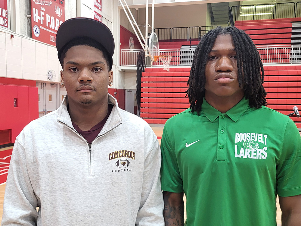 Bryce Irving, left, and Cam McClellan will both play college football close to home. They signed with Concordia and Roosevelt, respectively. (David P. Funk/H-F Chronicle)