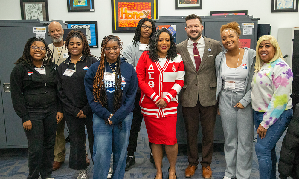 Clerk Monica Gordon, center, with student election judges at their polling place in Hillcrest High School, one of the 24 participating schools. (Provided photo)