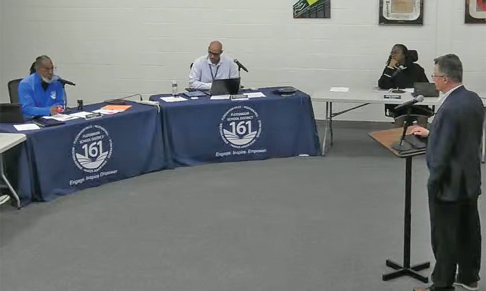 Michael Eichhorn, right, education practice leader for Wold Engineers and Architects, answers questions from Flossmoor School District 161 board members. (Provided screenshot from D161 meeting video)