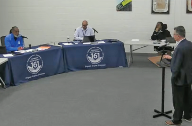 Michael Eichhorn, right, education practice leader for Wold Engineers and Architects, answers questions from Flossmoor School District 161 board members. (Provided screenshot from D161 meeting video)