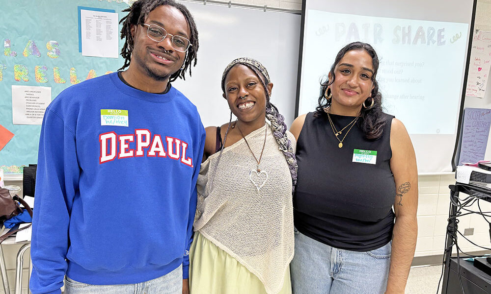 DePaul University students, from left, Damion Tripp, Zoe Parris and Mythreyi Paramuswaran shared insights on college with students at Parker Junior High on Friday, May 15. (Marilyn Thomas/H-F Chronicle)