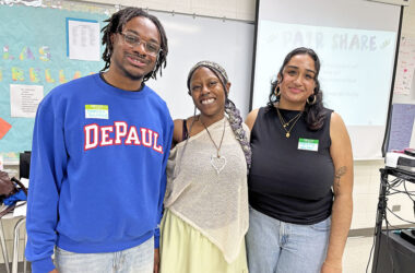DePaul University students, from left, Damion Tripp, Zoe Parris and Mythreyi Paramuswaran shared insights on college with students at Parker Junior High on Friday, May 15. (Marilyn Thomas/H-F Chronicle)
