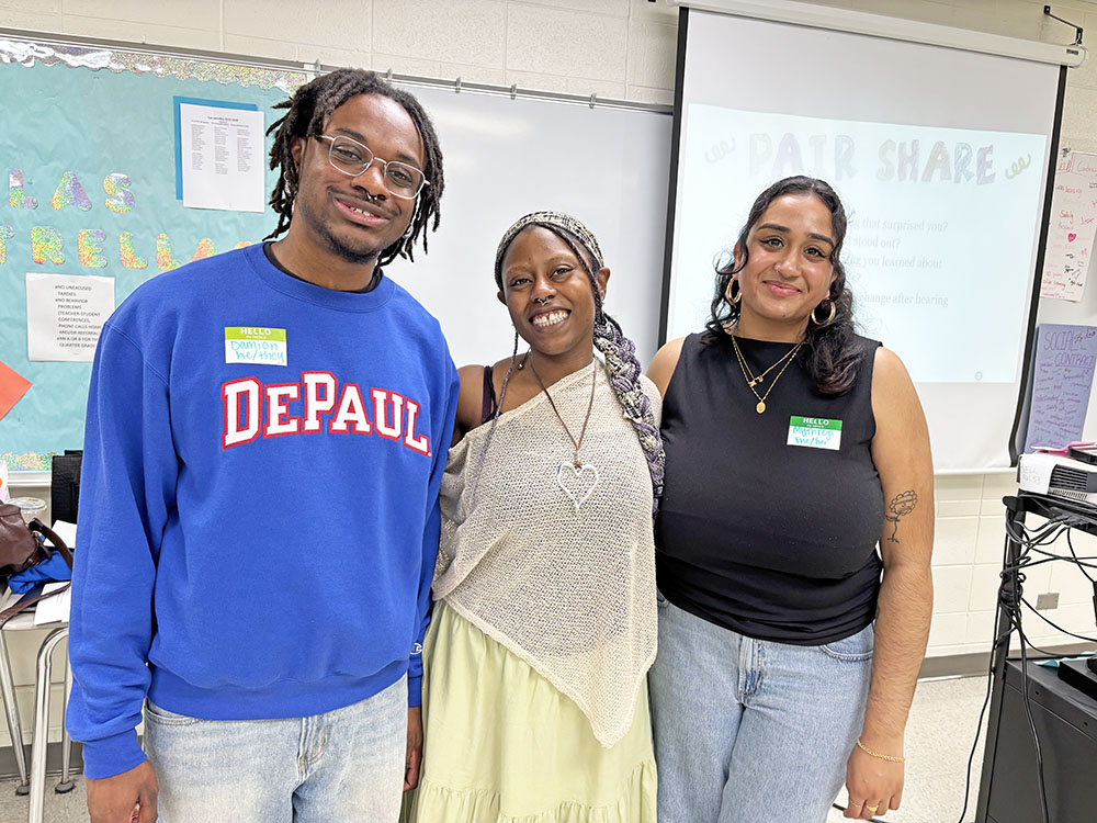 DePaul University students, from left, Damion Tripp, Zoe Parris and Mythreyi Paramuswaran shared insights on college with students at Parker Junior High on Friday, May 15. (Marilyn Thomas/H-F Chronicle)
