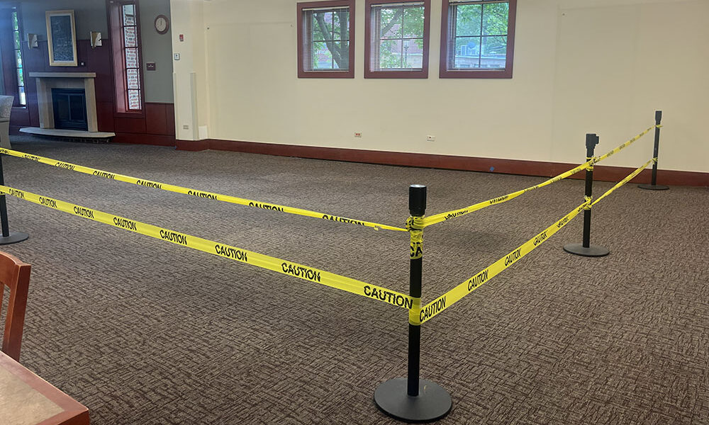 A portion of the first floor on the west side of Flossmoor Public Library has been cordoned off for more than a year because part of the flooring has sunk because of a void under the foundation. (Provided photo)