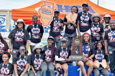 H-F girls track team celebrates its second state championship in a row. This one is shared with Edwardsville, but considering the team was missing two stars, coaches were pleased with the result. (Provided photo)