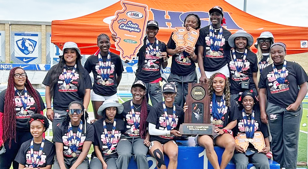 H-F girls track team celebrates its second state championship in a row. This one is shared with Edwardsville, but considering the team was missing two stars, coaches were pleased with the result. (Provided photo)