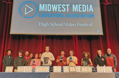 Homewood-Flossmoor High School teachers join their students who proudly show off their trophies at the Midwest Media Educators Association video festival. The students won 17 awards. (Provided photo)