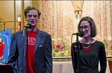 From left, R.J. VanSwol and Mary VanSwol perform "Helplessness Blues" at the Songs for Resistance concert April 11 at St. John the Evangelist Church in Flossmoor. (Eric Crump/H-F Chronicle)