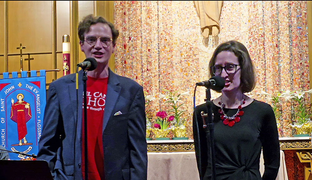 From left, R.J. VanSwol and Mary VanSwol perform "Helplessness Blues" at the Songs for Resistance concert April 11 at St. John the Evangelist Church in Flossmoor. (Eric Crump/H-F Chronicle)