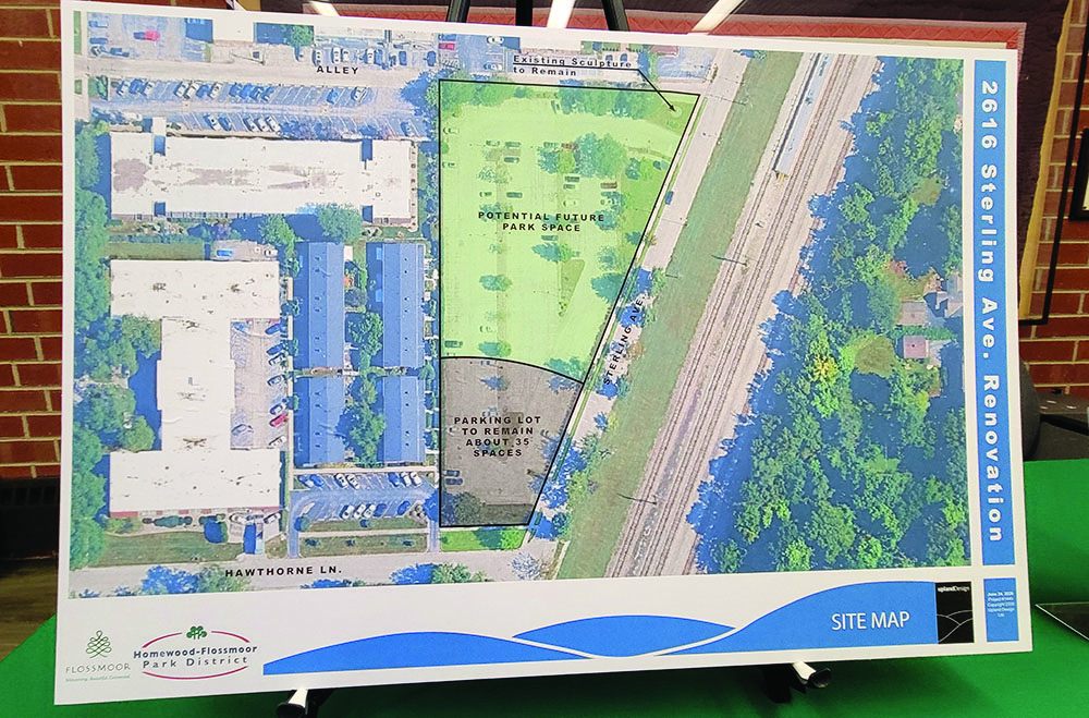A poster on display at an open house Wednesday, June 24, shows the Flossmoor south commuter lot with a portion at the south end reserved for parking and the rest repurposed as a park. (Eric Crump/H-F Chronicle)