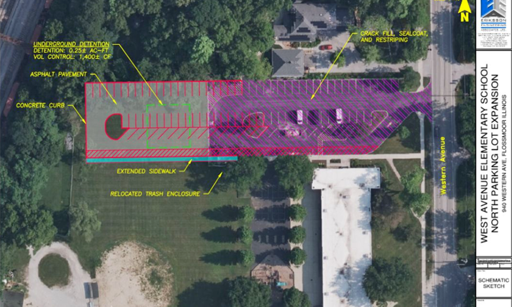 An overlay shows a proposed extension to the north parking lot at Western Avenue School in Flossmoor. The District 161 Board of Education decided not to pursue the project at this time. (Provided image)