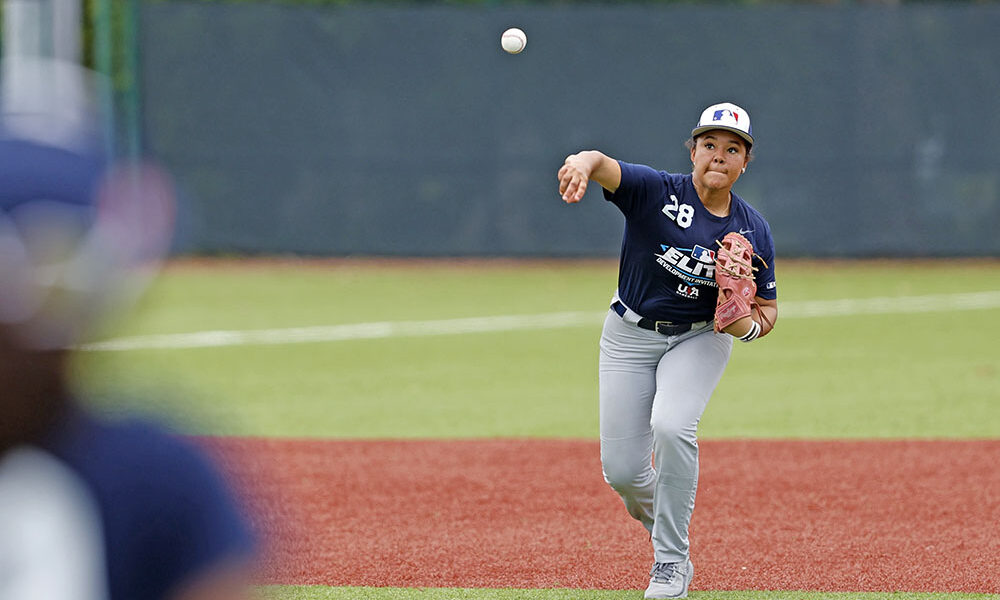 Demi Chaney throws the ball towards first during the 2026 Elite Development Invitational at Jackie Robinson Training Complex on Wednesday, June 24, 2026 in Vero Beach, Florida. (Photo by Scott Audette/MLB Photos via Getty Images)
