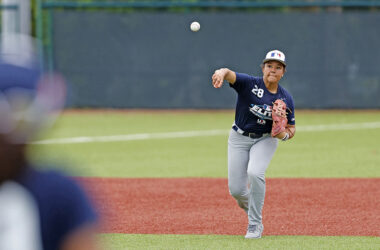 Demi Chaney throws the ball towards first during the 2026 Elite Development Invitational at Jackie Robinson Training Complex on Wednesday, June 24, 2026 in Vero Beach, Florida. (Photo by Scott Audette/MLB Photos via Getty Images)