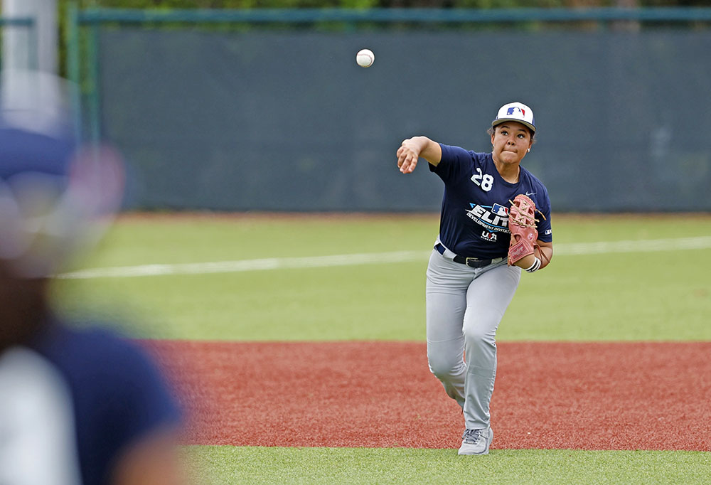 Demi Chaney throws the ball towards first during the 2026 Elite Development Invitational at Jackie Robinson Training Complex on Wednesday, June 24, 2026 in Vero Beach, Florida. (Photo by Scott Audette/MLB Photos via Getty Images)