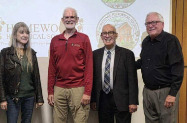 Homewood Historical Society officers, from left, Koni Shaughnessy, Mark Leschuck and, far right, Bob Anderson. With them is Homewood Mayor Rich Hofeld, second from right. Not pictured, Megan Tipton. (Provided photo)