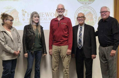 Homewood Historical Society officers, from left, Megan Tipton, Koni Shaughnessy, Mark Leschuck and, far right, Bob Anderson. With them is Homewood Mayor Rich Hofeld, second from right. (Provided photo)