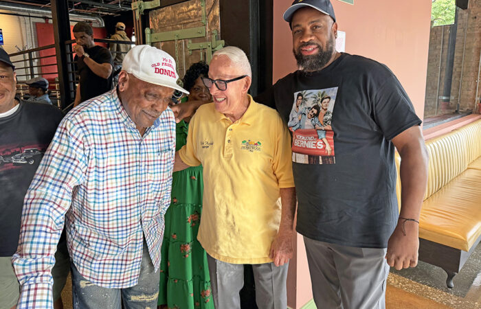 Old Fashioned Donuts Chicago owner Burritt L. Bullock, left, Homewood Mayor Rich Hofeld, center, and Old Fashion Donuts Homewood owner Joe Peters, right, at the grand opening celebration. (Nick Ulanowski / H-F Chronicle)