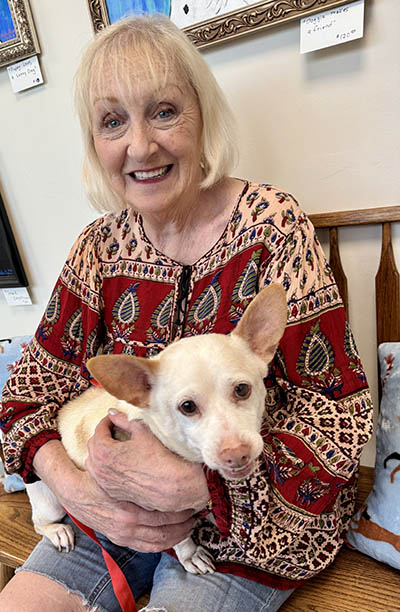 Terry Rylander of Homewood added the title of DogMom to her name Sunday when she signed adoption papers for Ernie at Fido’s Landing. Ernie is a 10-year-old chihuahua-corgi mix who, she said, “. . .walks slow. But so do I.” (Karen Torme Olson/H-F Chronicle)