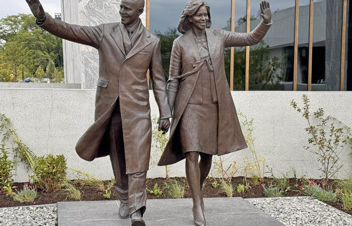 A statue depicting Barack and Michelle Obama as they waved to spectators along Pennsylvania Avenue after Obama’s first inauguration has become a popular site for photos even before the Center’s official opening. (Karen Torme Olson/H-F Chronicle)