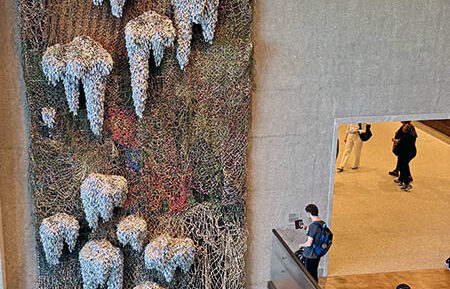 “This Land, Shared Sky, 2026” is the result of a collaboration by artists Nick Cave and Marie Watt. It is made of pony beads, shoelaces, nylon net, steel, jingles, satin ribbon, and net. (Karen Torme Olson/H-F Chronicle)