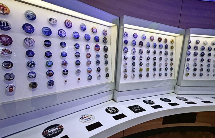 A huge number of campaign buttons from various states, groups and supporters were used during President Barack Obama’s campaigns and painstakingly collected for this display. (Karen Torme Olson/H-F Chronicle)
