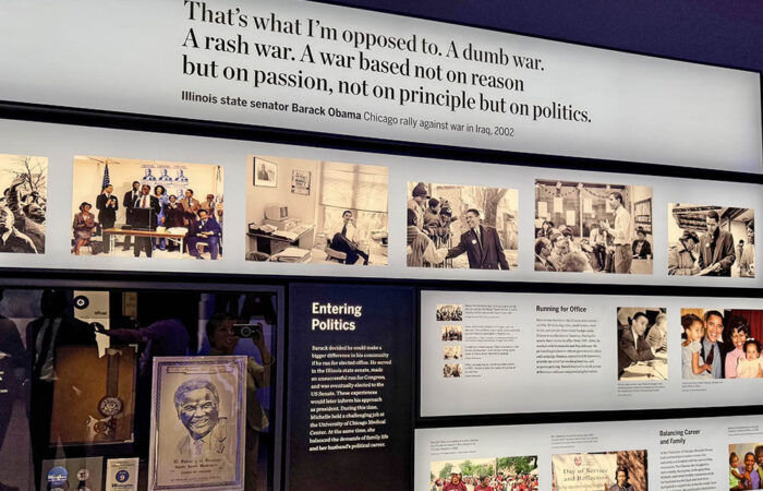 Many of the interactive displays throughout the Obama Presidential Center are based on President Barack Obama’s vision of America and the world through the years. This one, on his view of war, is from 2002 when he was an Illinois state senator. (Karen Torme Olson/H-F Chronicle)
