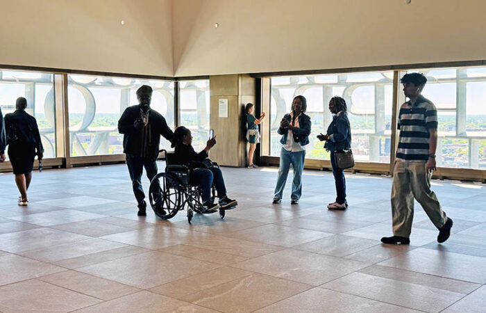 The Nelson Mandela Sky Room provides stunning views of Chicago’s South and West Sides where First Lady Michelle Obama grew up and where President Barack Obama began his political career. Entrance to the Sky Room is enhanced with multiple art installations, and it is free, open to the public, and available for weddings and special events. (Karen Torme Olson/H-F Chronicle)