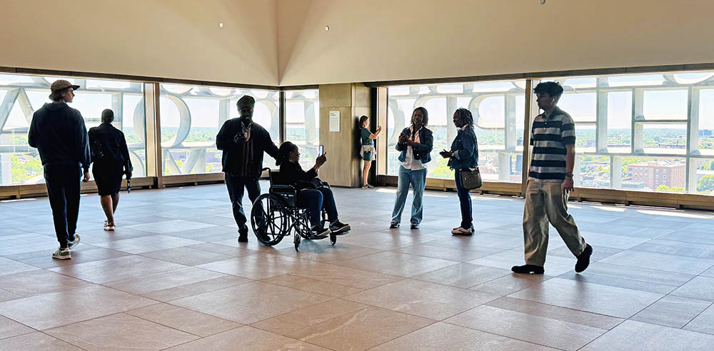 The Nelson Mandela Sky Room provides stunning views of Chicago’s South and West Sides where First Lady Michelle Obama grew up and where President Barack Obama began his political career. Entrance to the Sky Room is enhanced with multiple art installations, and it is free, open to the public, and available for weddings and special events. (Karen Torme Olson/H-F Chronicle)