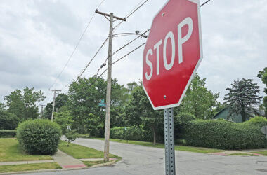 One of two new stop signs added at Cedar Road and Howe Avenue by Homewood staff to replace yield signs at the request of residents concerned about cut-through traffic during the Dixie Highway viaduct drainage improvement project this summer. (Eric Crump/H-F Chronicle)