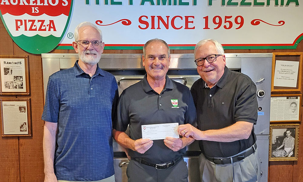 From left, Mark Leschuck, Joe Aurelio and Bob Anderson. Aurelio's Pizza presented a donation to the Homewood Historical Society early in June. (Provided photo)