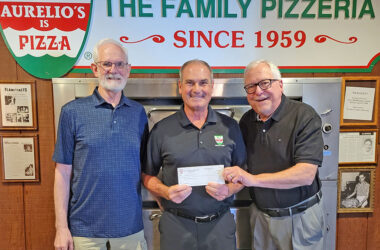 From left, Mark Leschuck, Joe Aurelio and Bob Anderson. Aurelio's Pizza presented a donation to the Homewood Historical Society early in June. (Provided photo)