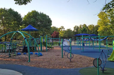 The completed new playground as seen on June 23 from the south sidewalk looking north. (Eric Crump/H-F Chronicle)