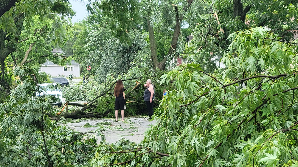 Neighbors check on each other following the storm Monday that toppled numerous trees in the area. (Eric Crump/H-F Chronicle)