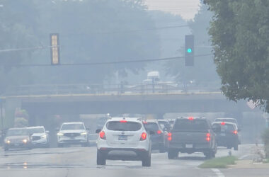 The air is hazy from wildfire smoke looking west from the intersection of Dixie Highway and 183rd Street in Homewood shortly after 2 p.m. Thursday, July 16. The smoke has drifted south from Minnesota and Canada and is expected to affect air quality in Homewood and Flossmoor through Saturday. (Eric Crump/H-F Chronicle)